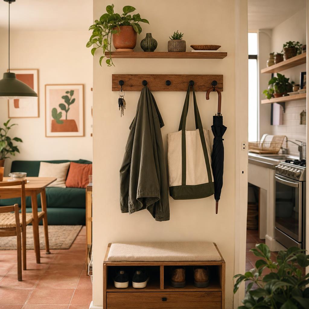 Ganchos de pared para lo que usas al salir en un espacio pequeño